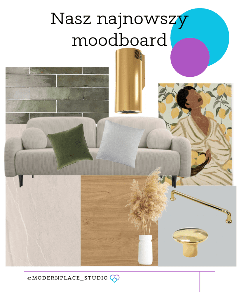 Przykładowy moodboard salonu z aneksem. Złote dodatki i zieleń