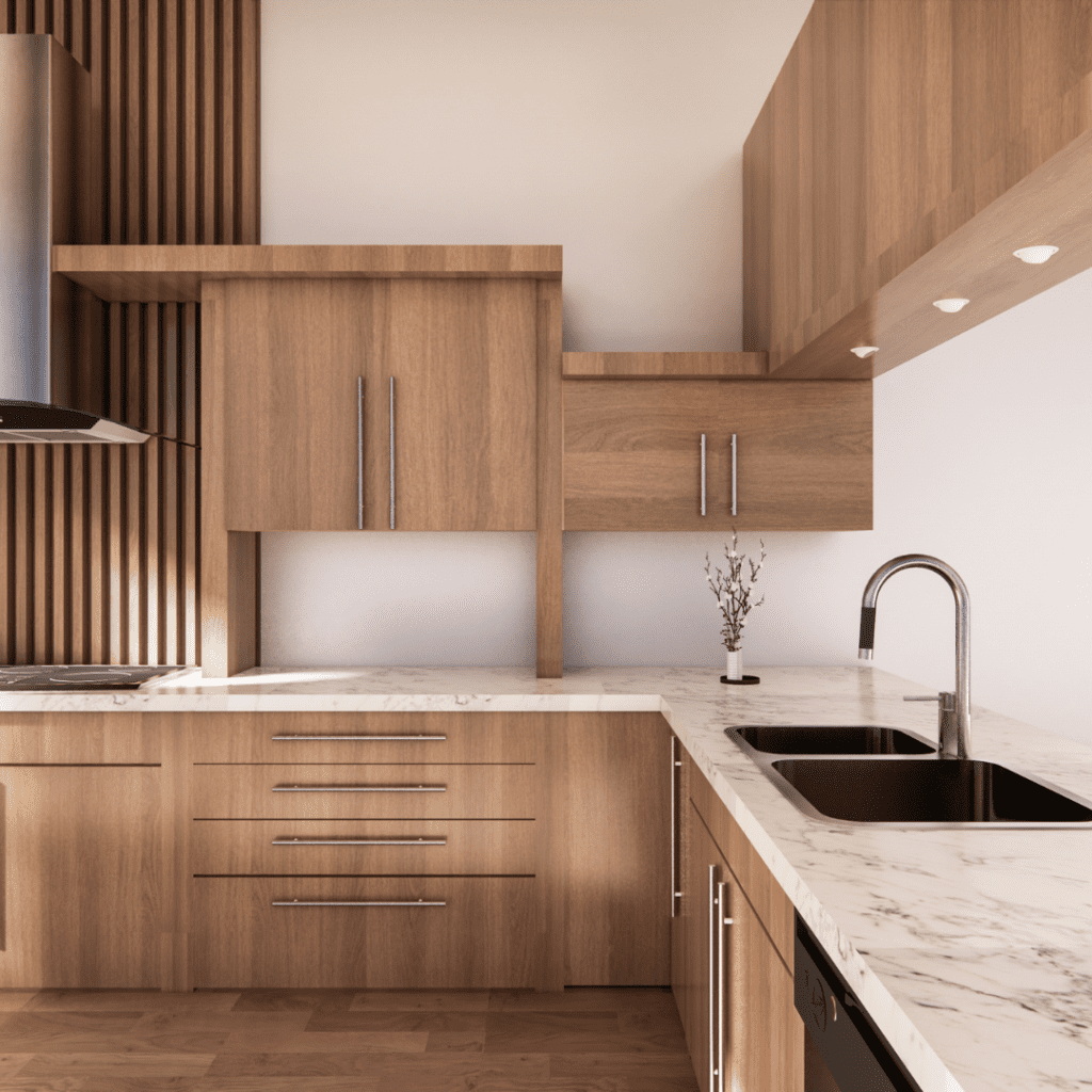 Drewniana kuchnia blat laminat marmur