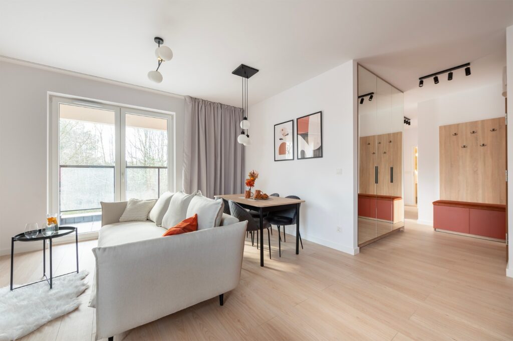 Projekt mieszkania w Łodzi: 70m2 salon, lustrzana szafa w korytarzu