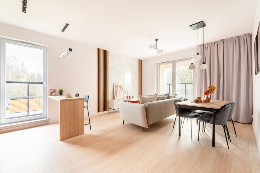 Projekt mieszkania w Łodzi: 70m2 salon z aneksem